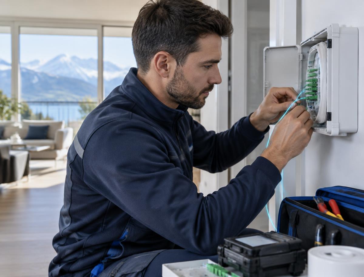 Technicien préparant un raccordement fibre optique dans un logement