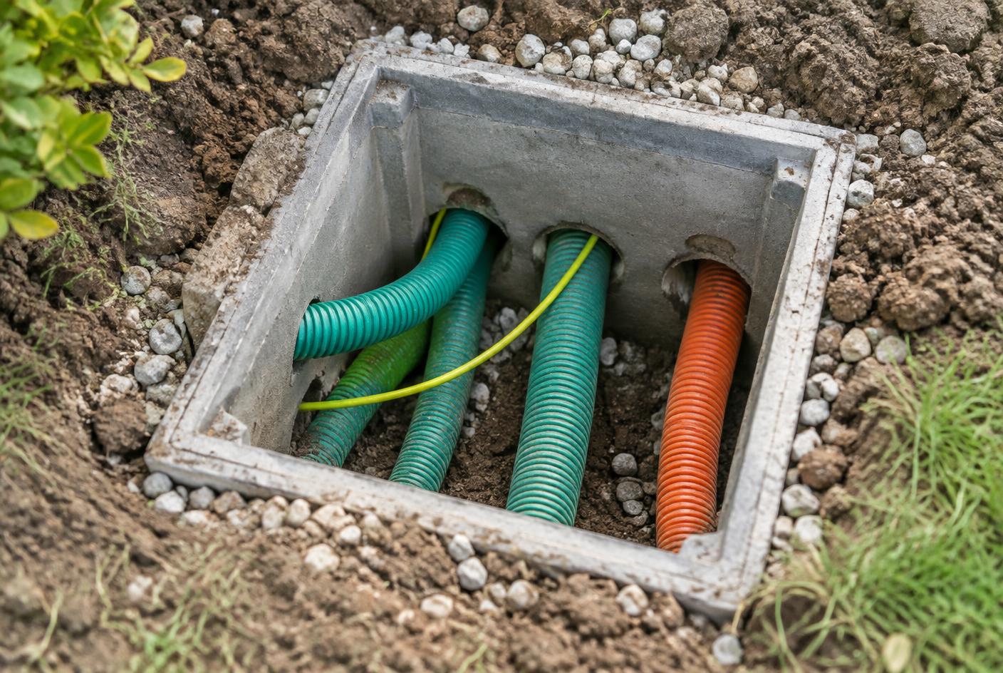 Regard télécom en béton avec gaines vertes et orange dans un jardin